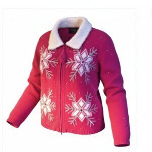 Christopher Radko Women Christmas Sweater Size M Pink Beaded Snowflake Cardigan